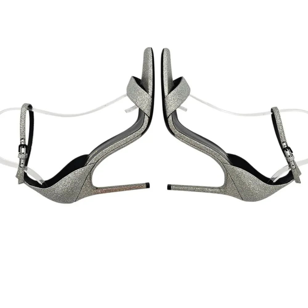 Saint Laurent Amber Stiletto Heel Sandal Silver Glitter Sparkle Size 38.5 US 8.5